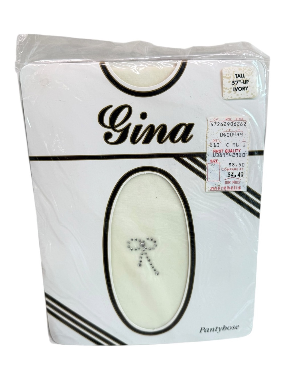Gina Ankle Motif Pantyhose Tall Ivory Rhinestone Bow NOS USA
